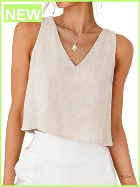 V Neck Cropped Linen Tank Top Sleeveless Summer Shirt